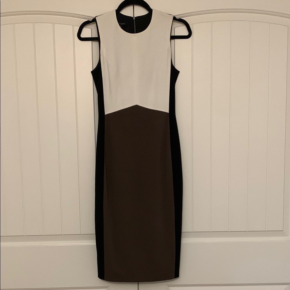 Brown and Black Sheath Midi Dress Mock Neck Sleeveless